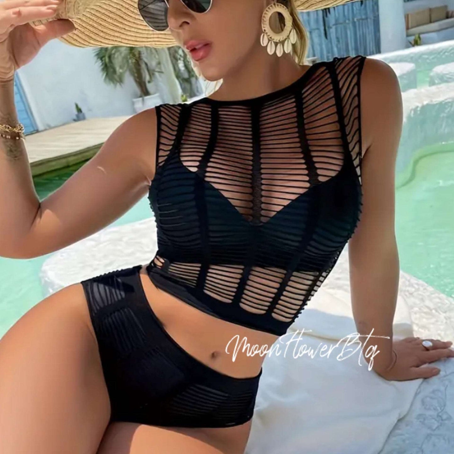 Black Sexy Two Piece Cutout Top and Bottom Set