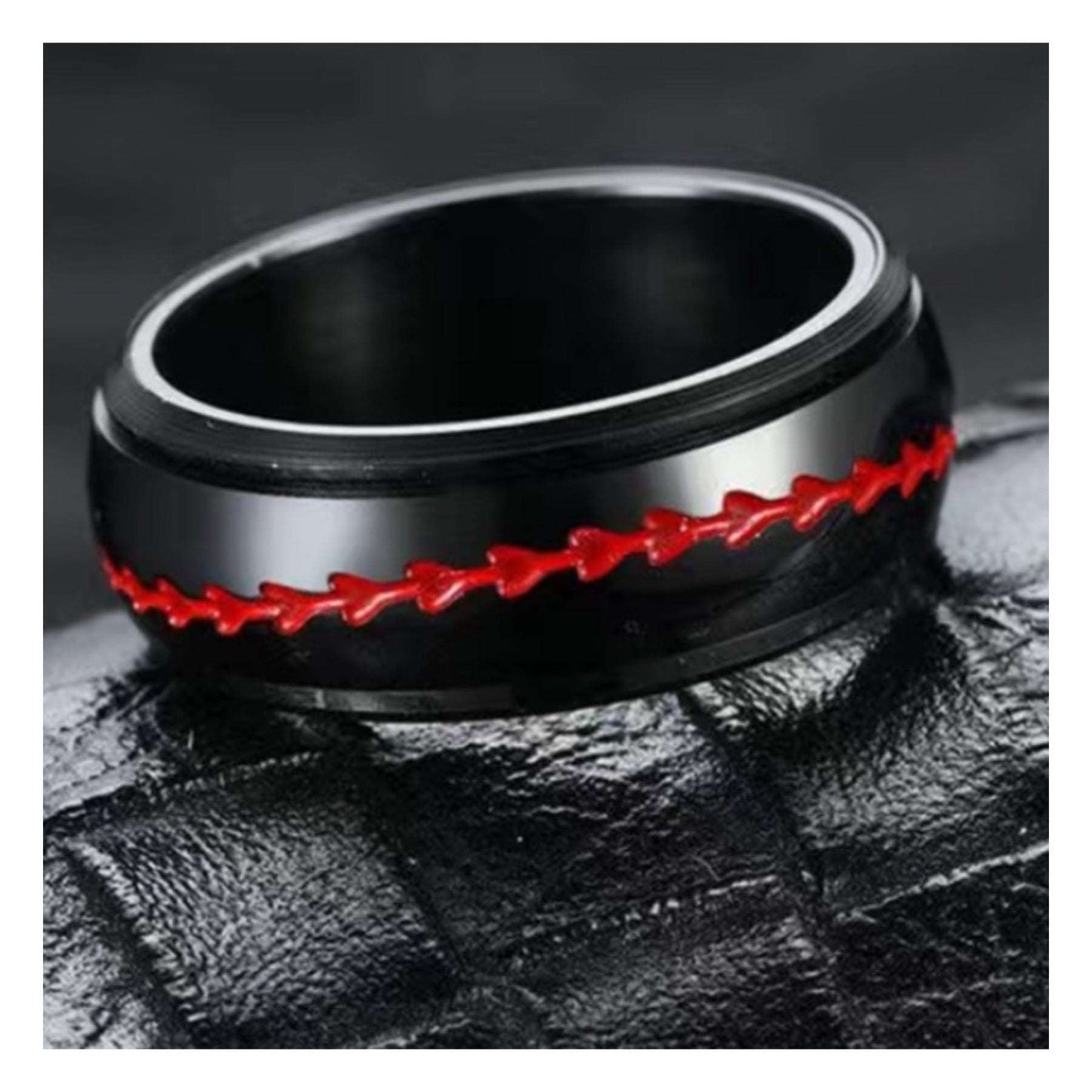 Black Red Baseball Stitch Stainless Steel Anxiety Fidget Spinner Ring