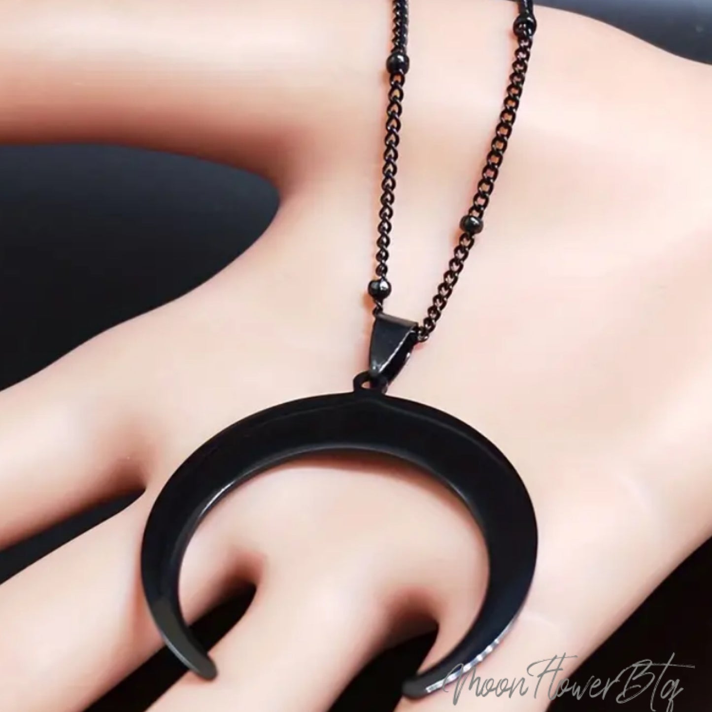 Large Black Goth Moon Pendant Necklace