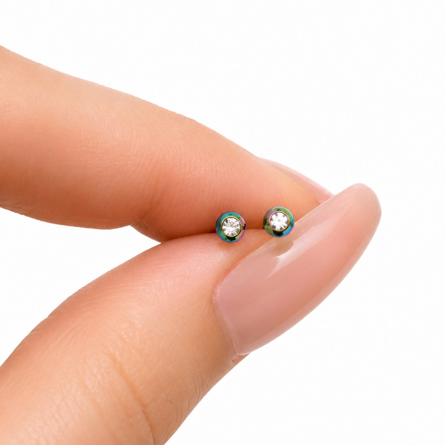 Rainbow CZ Flat Back Stud Earrings 16G 3mm