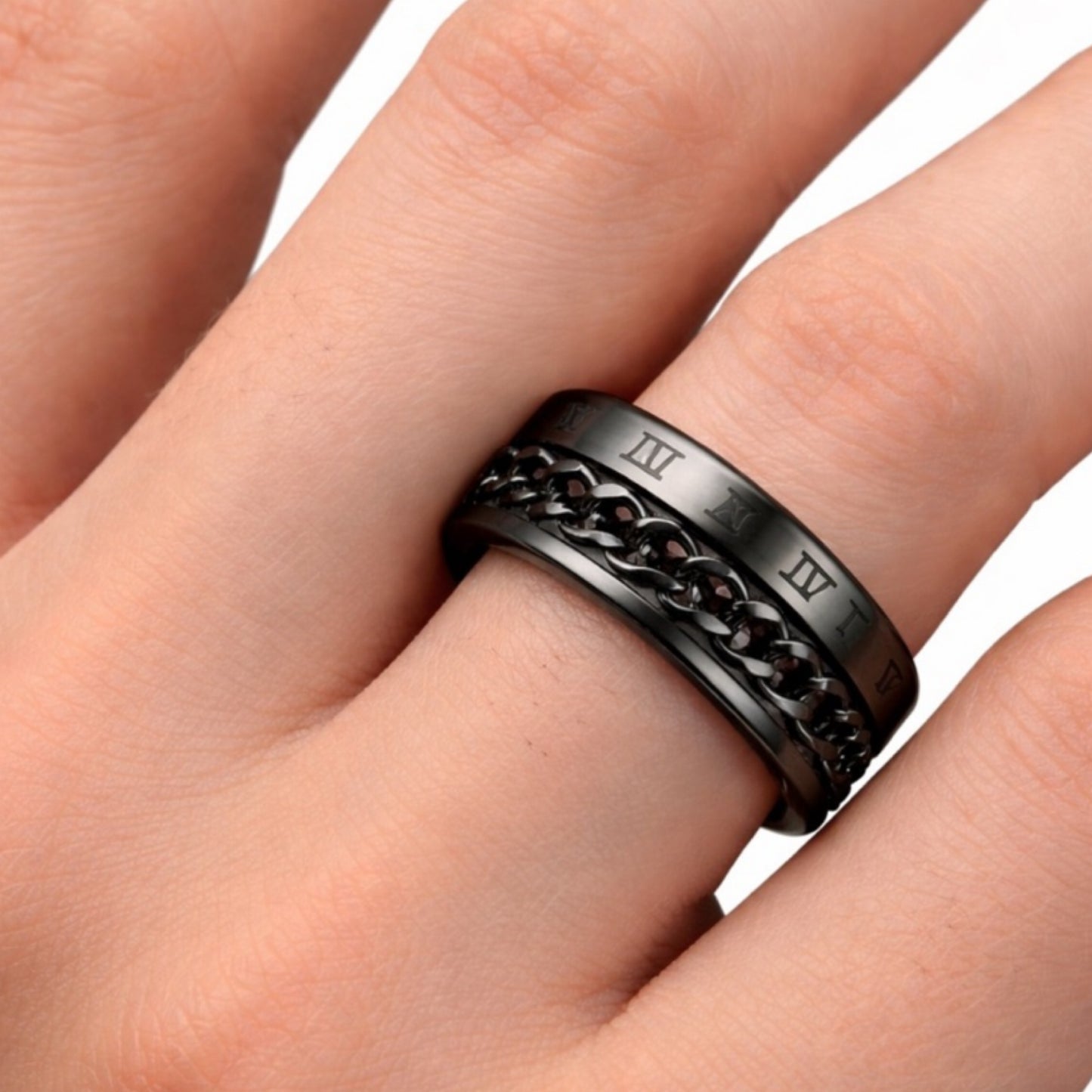 Black Roman Numeral Chain Anxiety Fidget Spinner Ring
