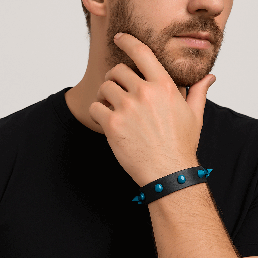 Black Faux Leather Bracelet with Blue Spikes – Punk Gothic Bracelet
