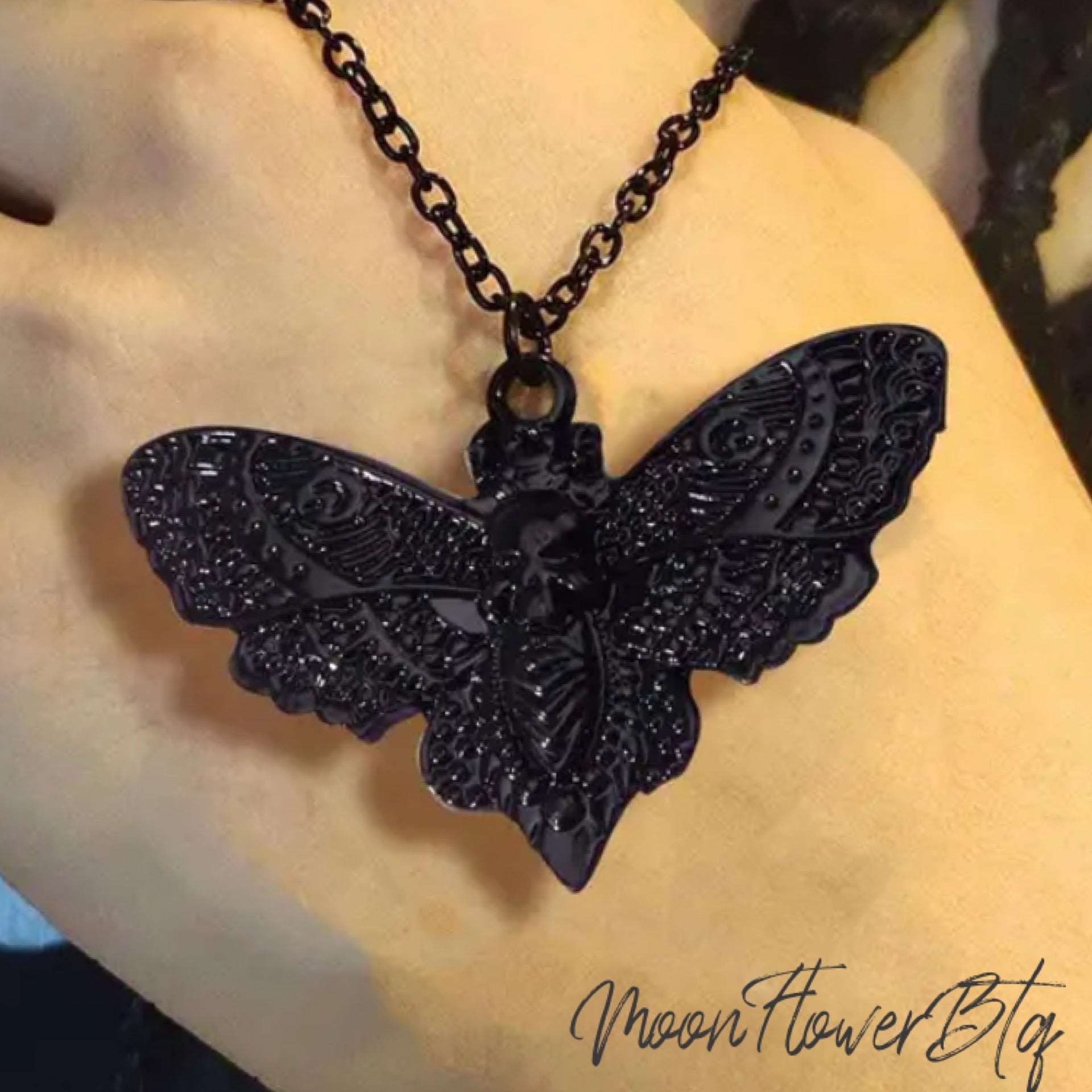 Black Gothic Skull Moth Pendant Necklace