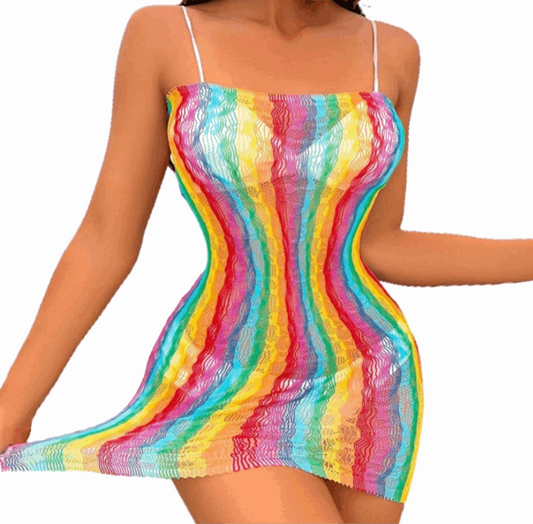 Rainbow Mesh Fishnet Dress Rave Festival Outfit Swim Cover