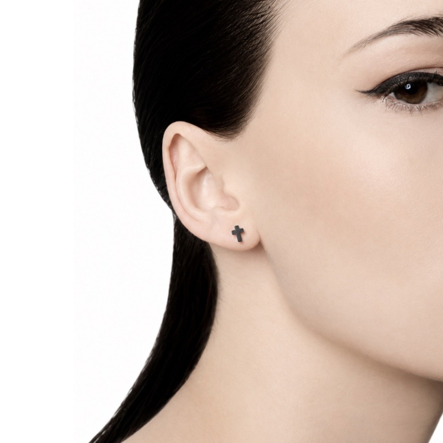 Tiny Black Cross Flat Back Stud Earrings