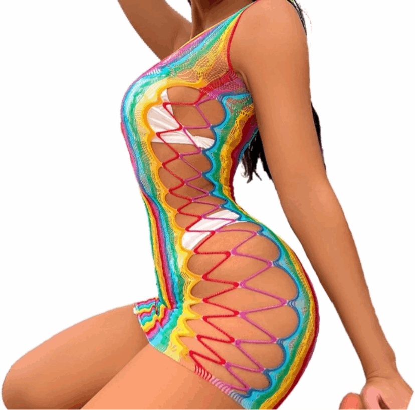 Rainbow Mesh Fishnet Dress Festival Rave Outfit Swim Cover