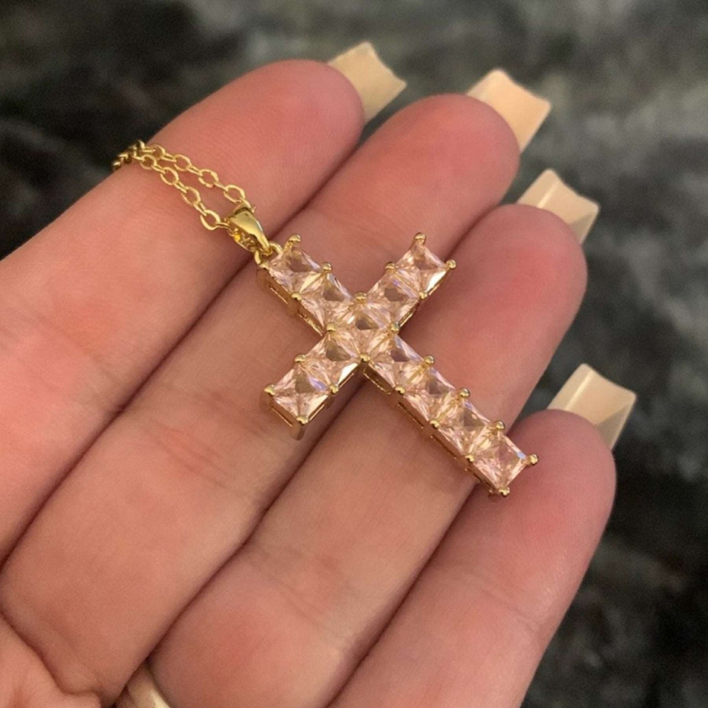 Gold Pink CZ Covered Cross Necklace