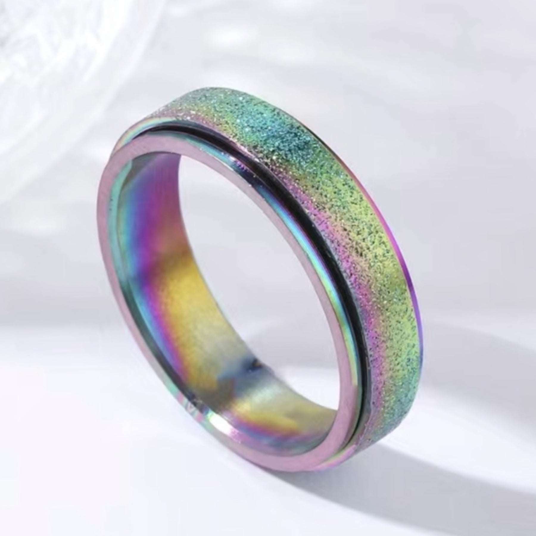 Sparkly Rainbow Silver Anxiety Fidget Spinner Ring