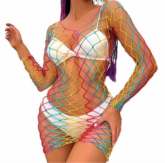 Rainbow Mesh Fishnet Dress Rave Festival Outfit Swim Cover