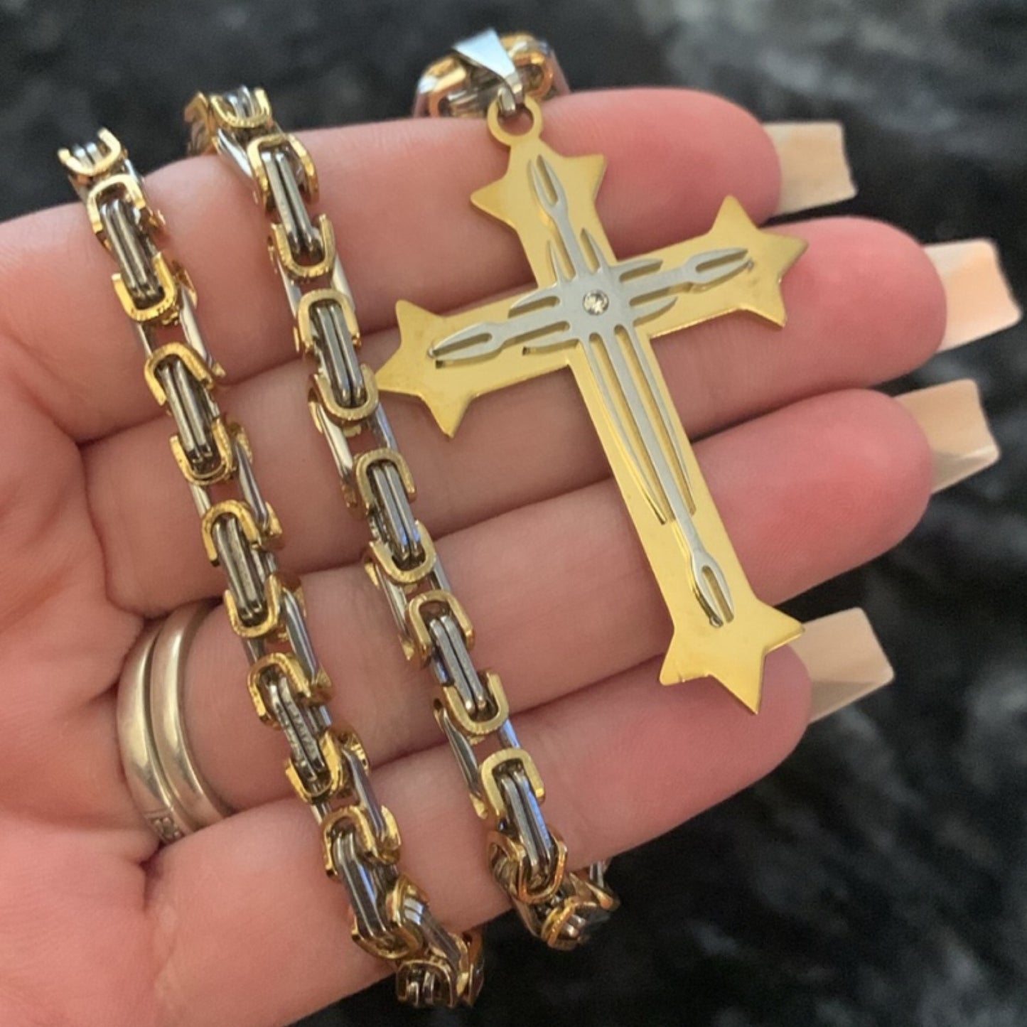 Two Tone Gold Sliver Layered CZ Cross Necklace