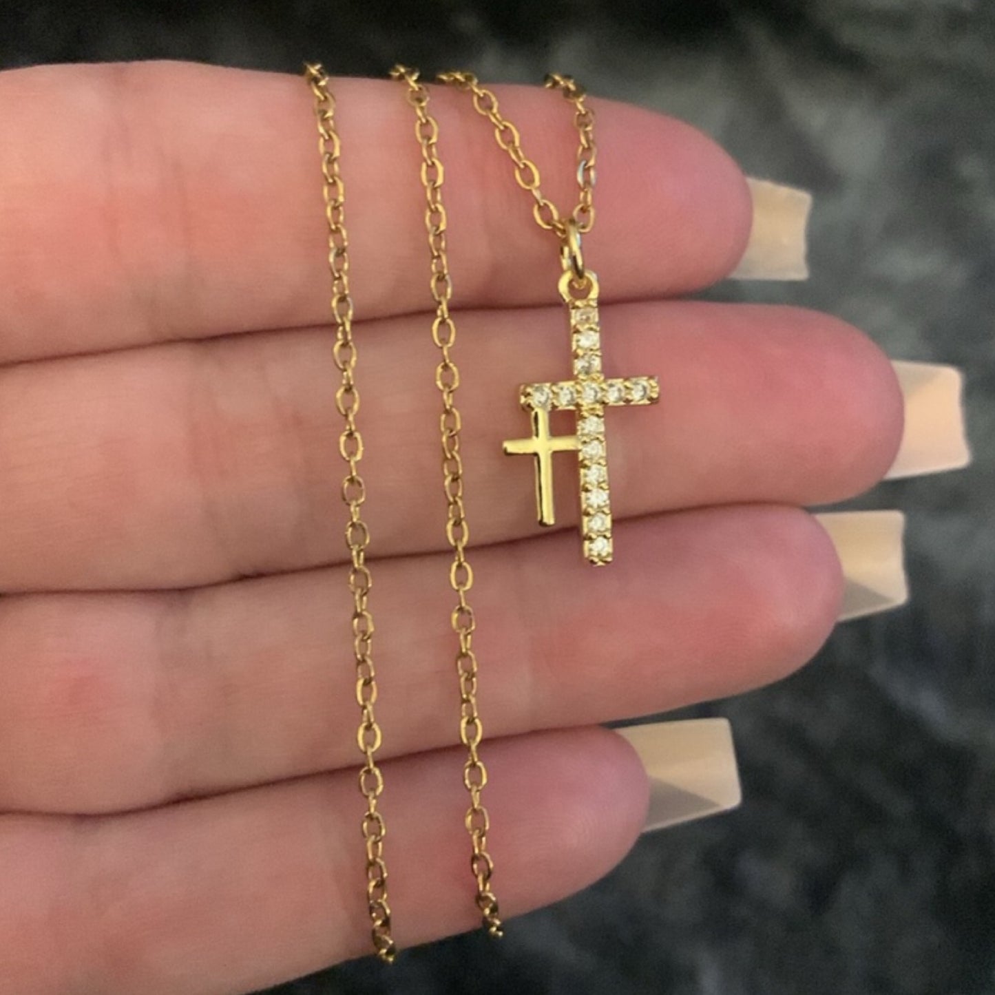 Tiny Gold CZ Covered Double Cross Necklace