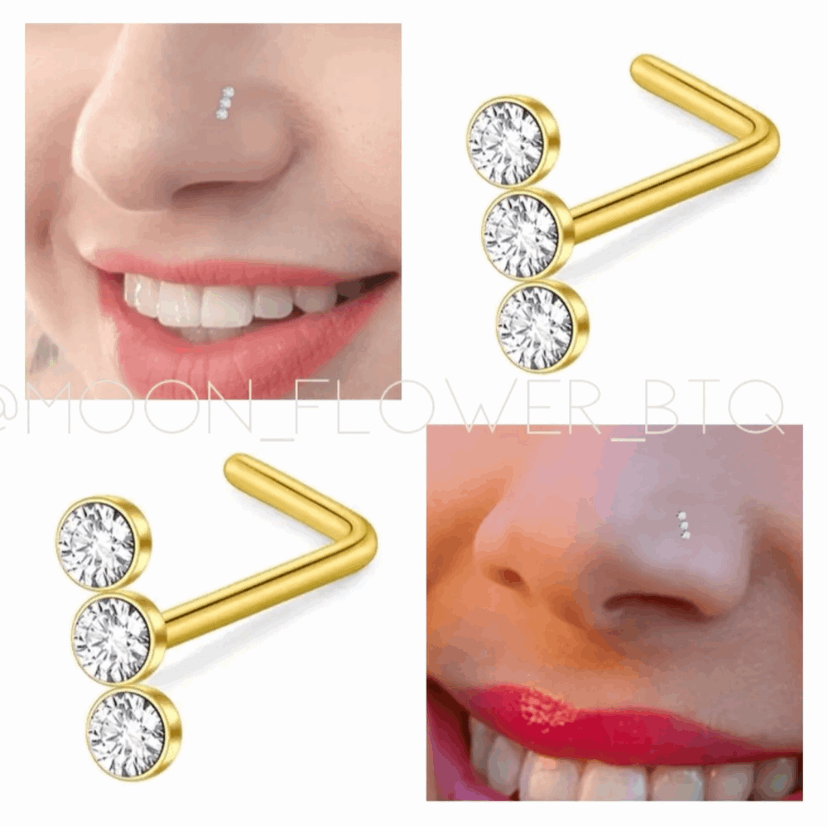 Triple CZ Gold L Shaped Nose Ring