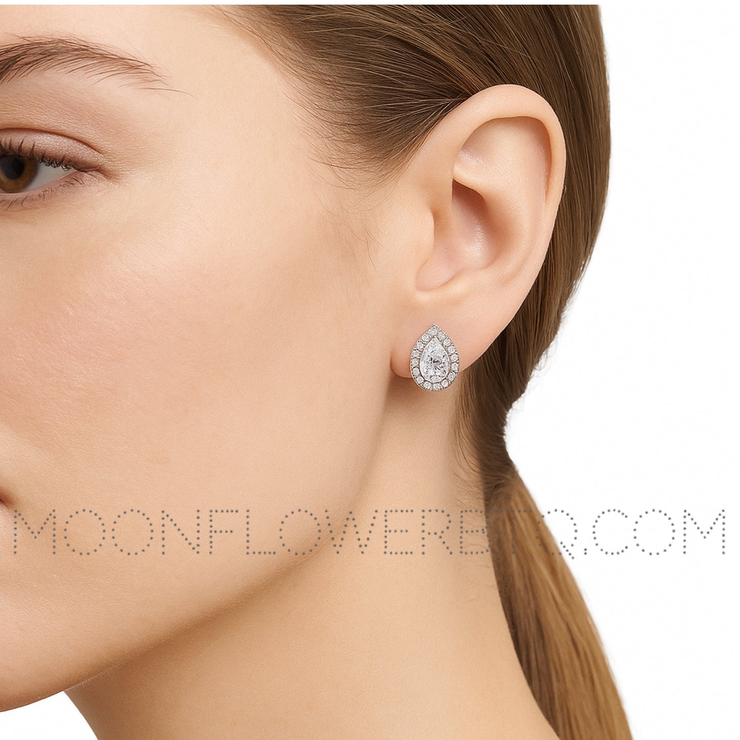 Pear Teardrop Halo CZ Stud Earrings | 18k White Gold Stainless | Hypoallergenic