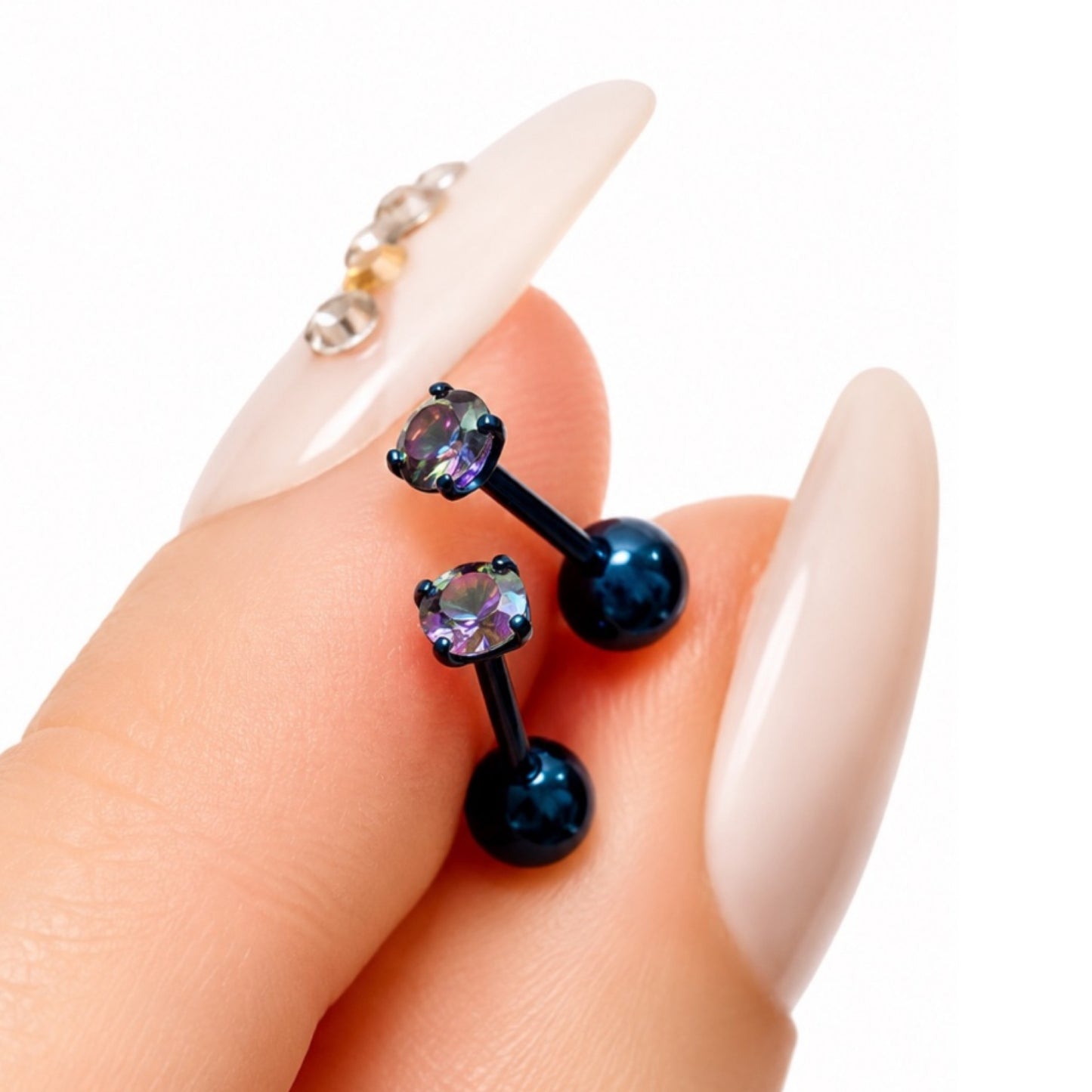 Blue Iridescent CZ Barbell Earrings – 20G Surgical Steel Studs | 3mm