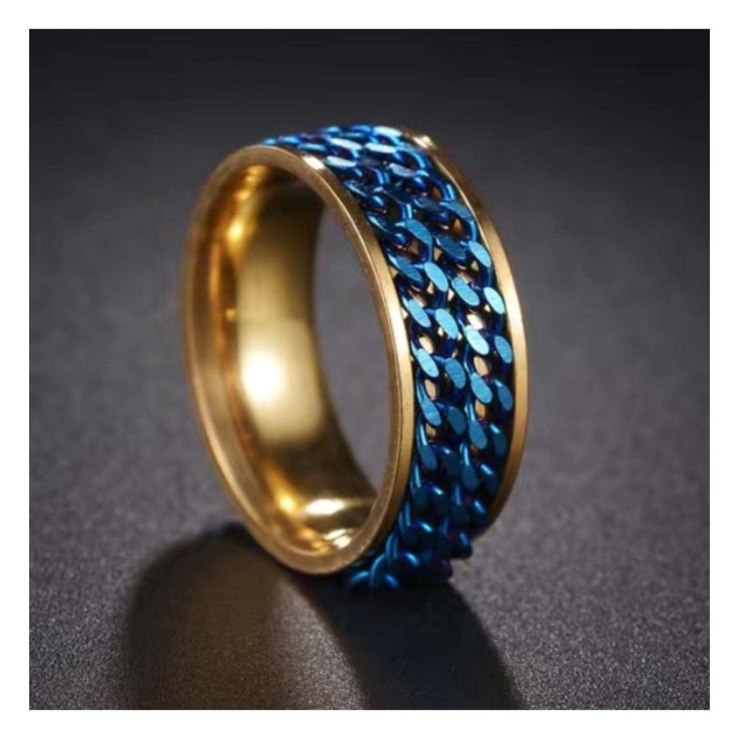 Gold Blue Double Chain Anxiety Fidget Spinner Ring