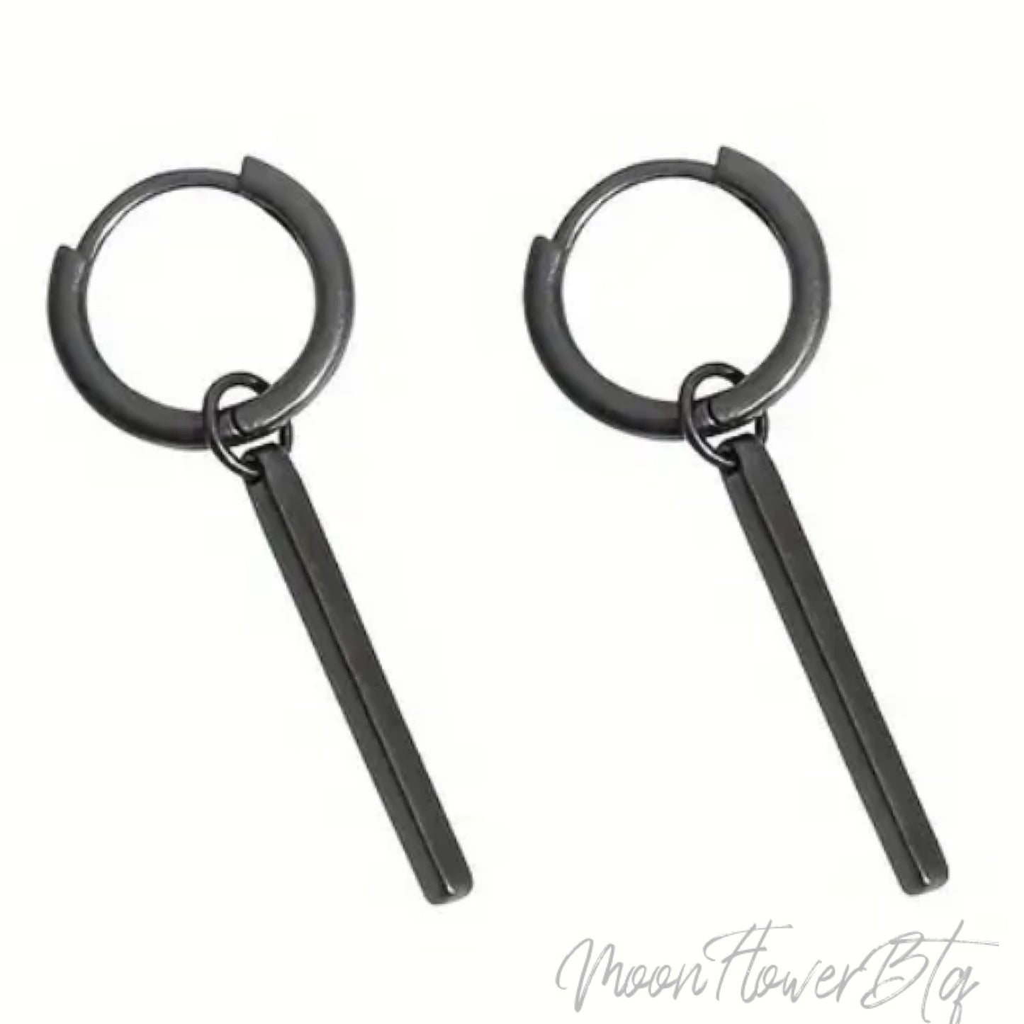 Black Rectangle Dangly Huggie Hoop Earrings