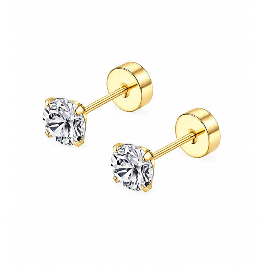 Gold Solitaire CZ Flat Back Stud Earrings