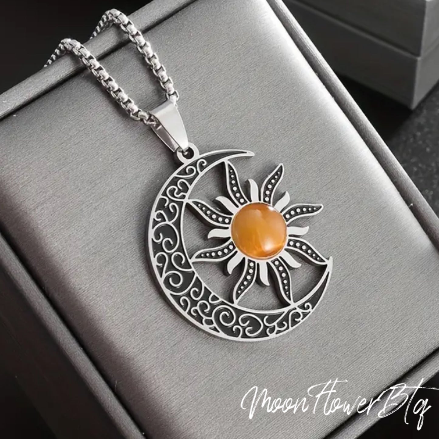 Silver Boho Moon Sun Pendant Necklace