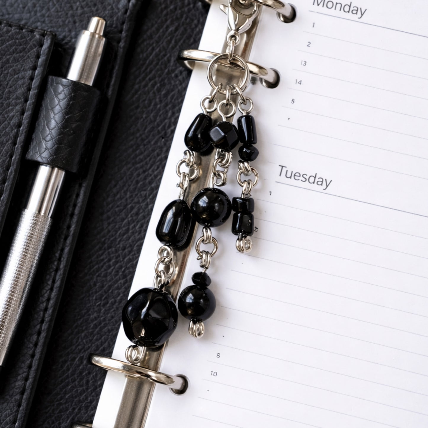 Black Glass Beaded Charm Zipper Pull Bag Charm – Stainless Steel Clip
