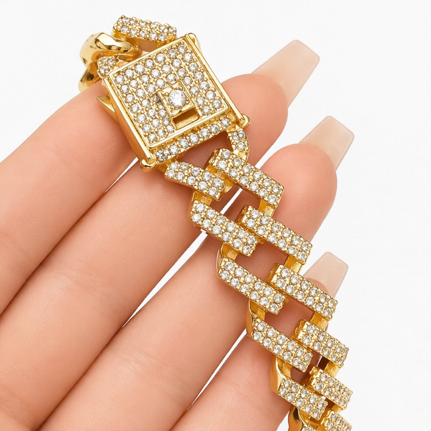 24” 15mm Gold Cuban Link Chain Necklace with Clear CZ – Iced Out Stainless Steel