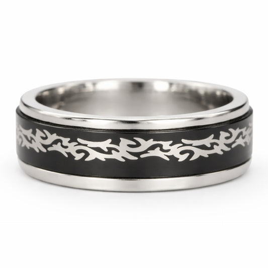Stainless Steel Black Tribal Fidget Spinner Ring