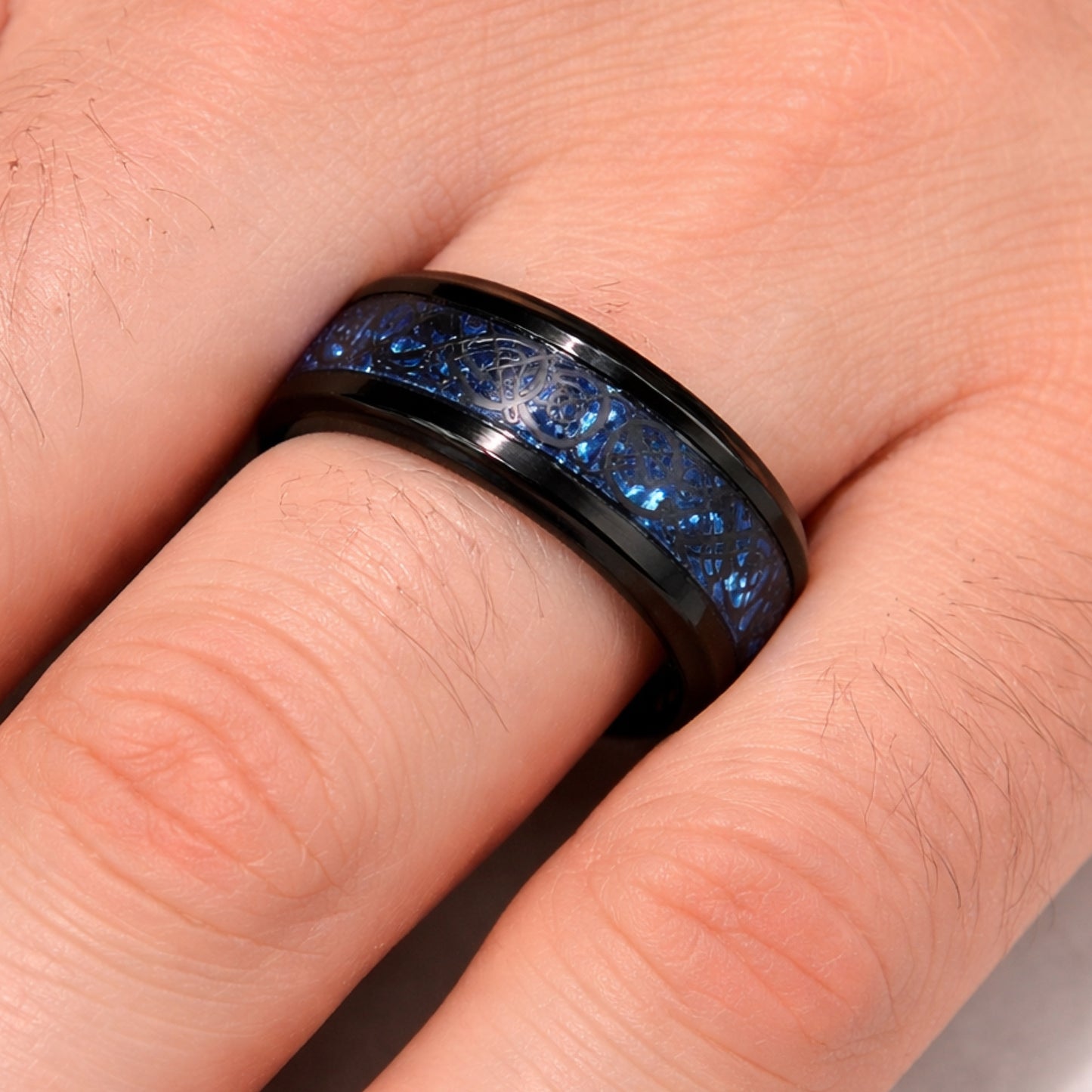 Black Stainless Steel Ring with Blue Inlay Celtic Knot Band