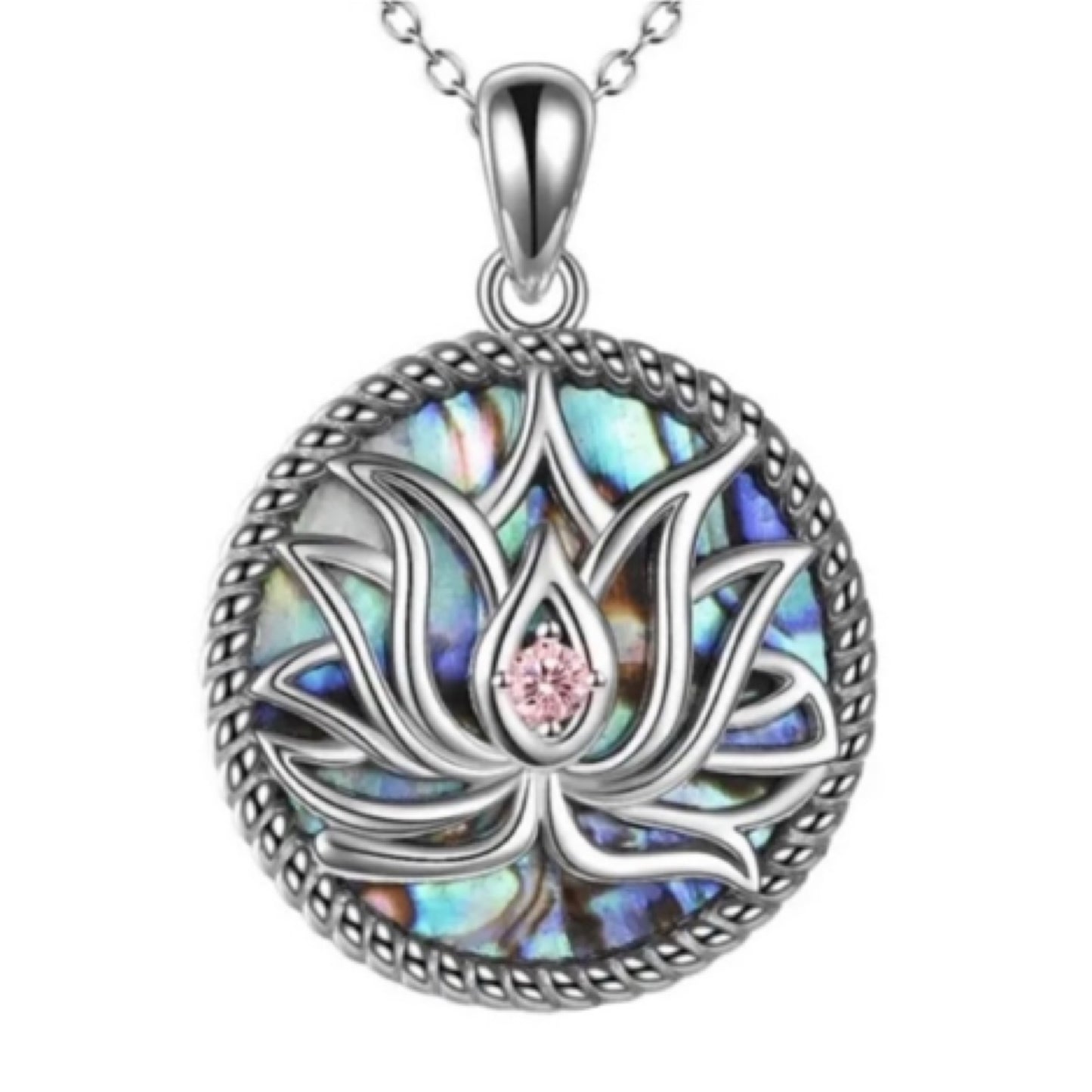 Lotus Flower Abalone Shell Pendant Necklace with Pink CZ – Hypoallergenic Stainless Steel, 18” Chain