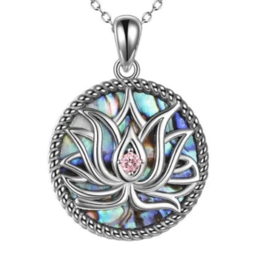 Lotus Flower Abalone Shell Pendant Necklace with Pink CZ – Hypoallergenic Stainless Steel, 18” Chain