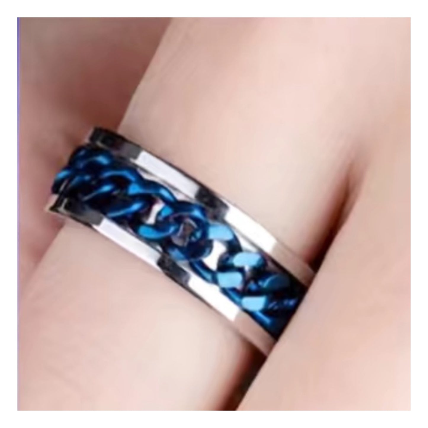 Silver Blue Chain Anxiety Fidget Spinner Ring