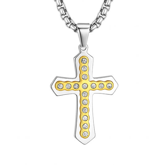 Men’s Two-Tone Cross Pendant Necklace with CZ Stones – Stainless Steel Chain