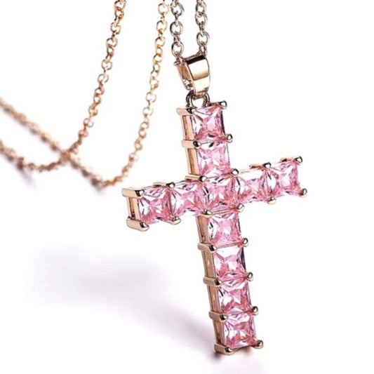 Gold Pink CZ Covered Cross Necklace