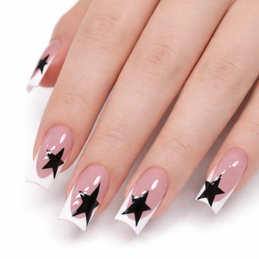 Black Star French Tip Press-On Nails – Pink Nude Coffin False Nail Set (24pcs)
