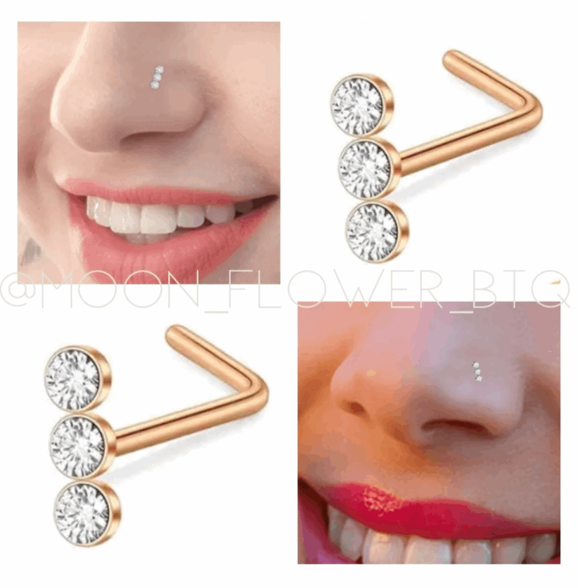 Triple CZ Rose Gold L Shaped Nose Ring