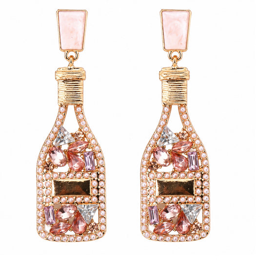 Pink Champagne Bottle Rhinestone Drop Earrings