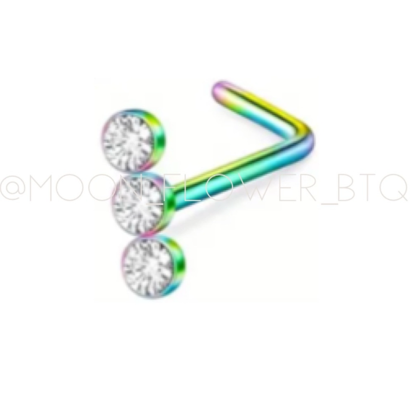 Triple CZ Rainbow L Shaped Nose Ring