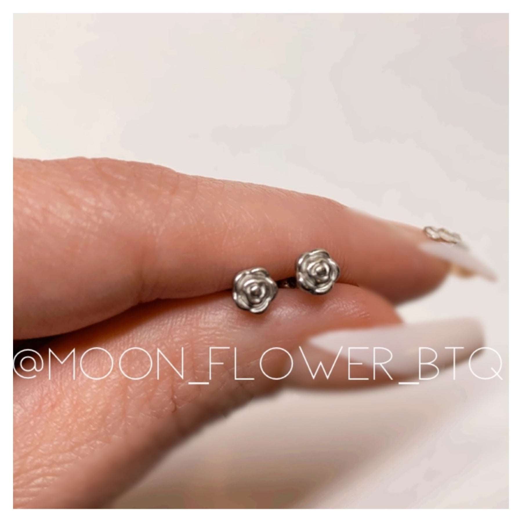 Silver Rose Bud Barbell Earrings