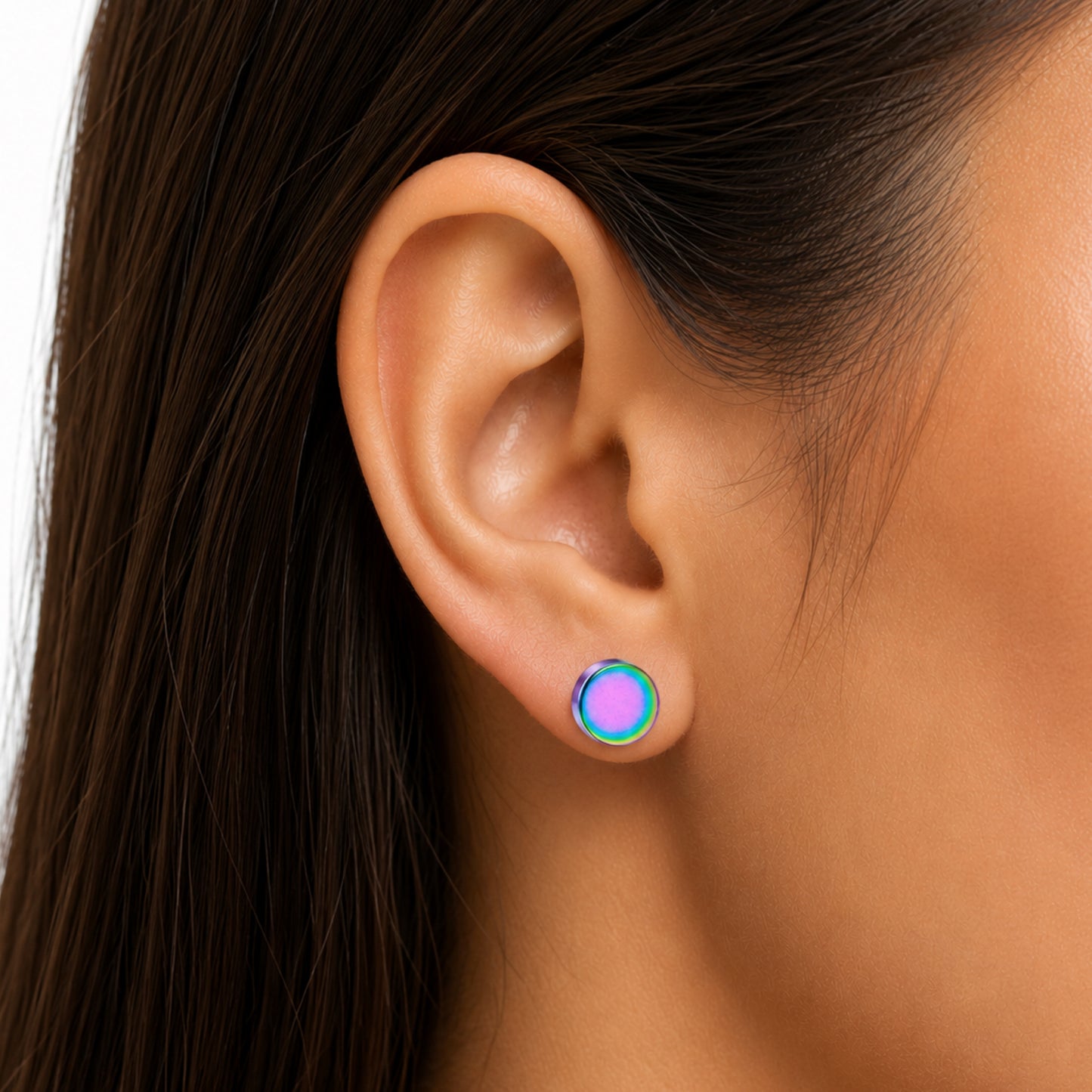 Rainbow Oil Slick Faux Gauge Fake Plug Earrings – 18G Studs 6mm