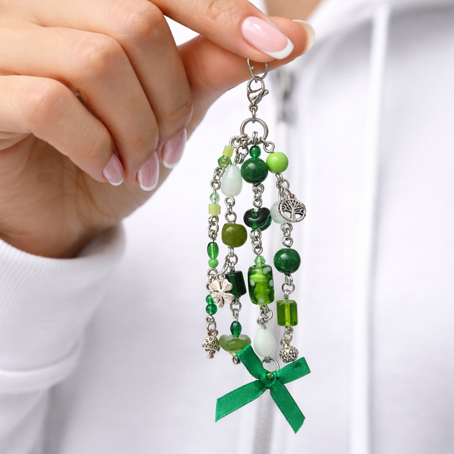 Green Beaded Nature Charm - Keychain Bag Charm Zipper Pull