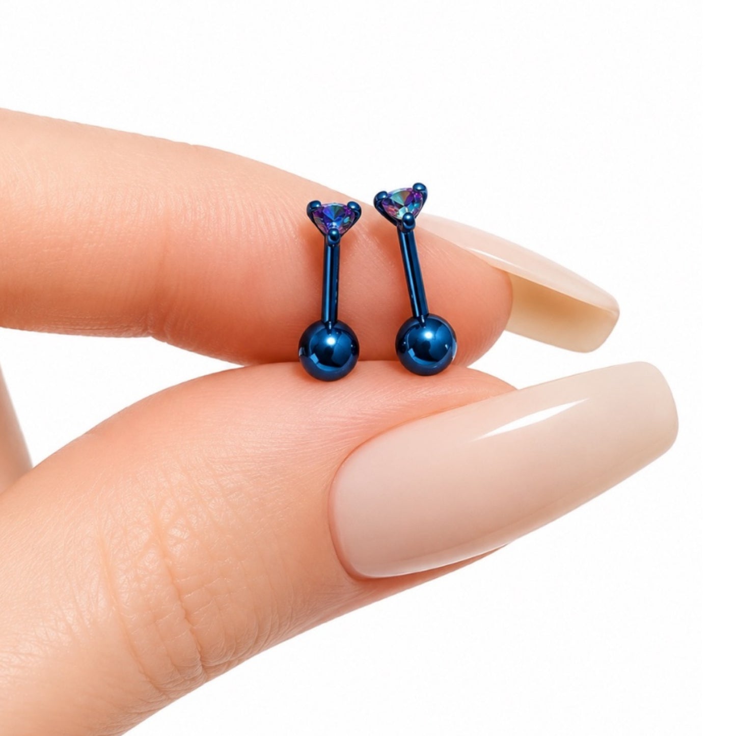 Blue Iridescent CZ Barbell Earrings – 20G Surgical Steel Studs | 3mm