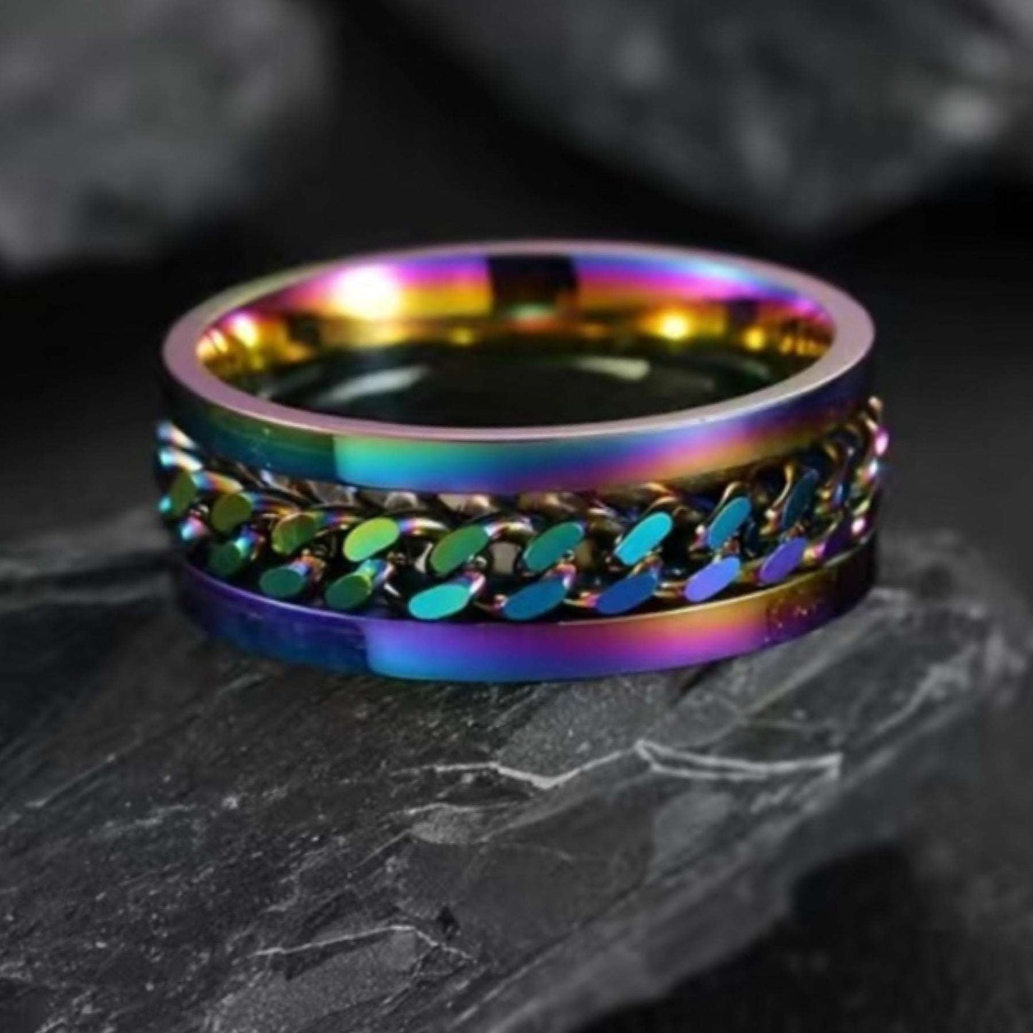 Rainbow Stainless Steel Chain Anxiety Fidget Spinner Ring