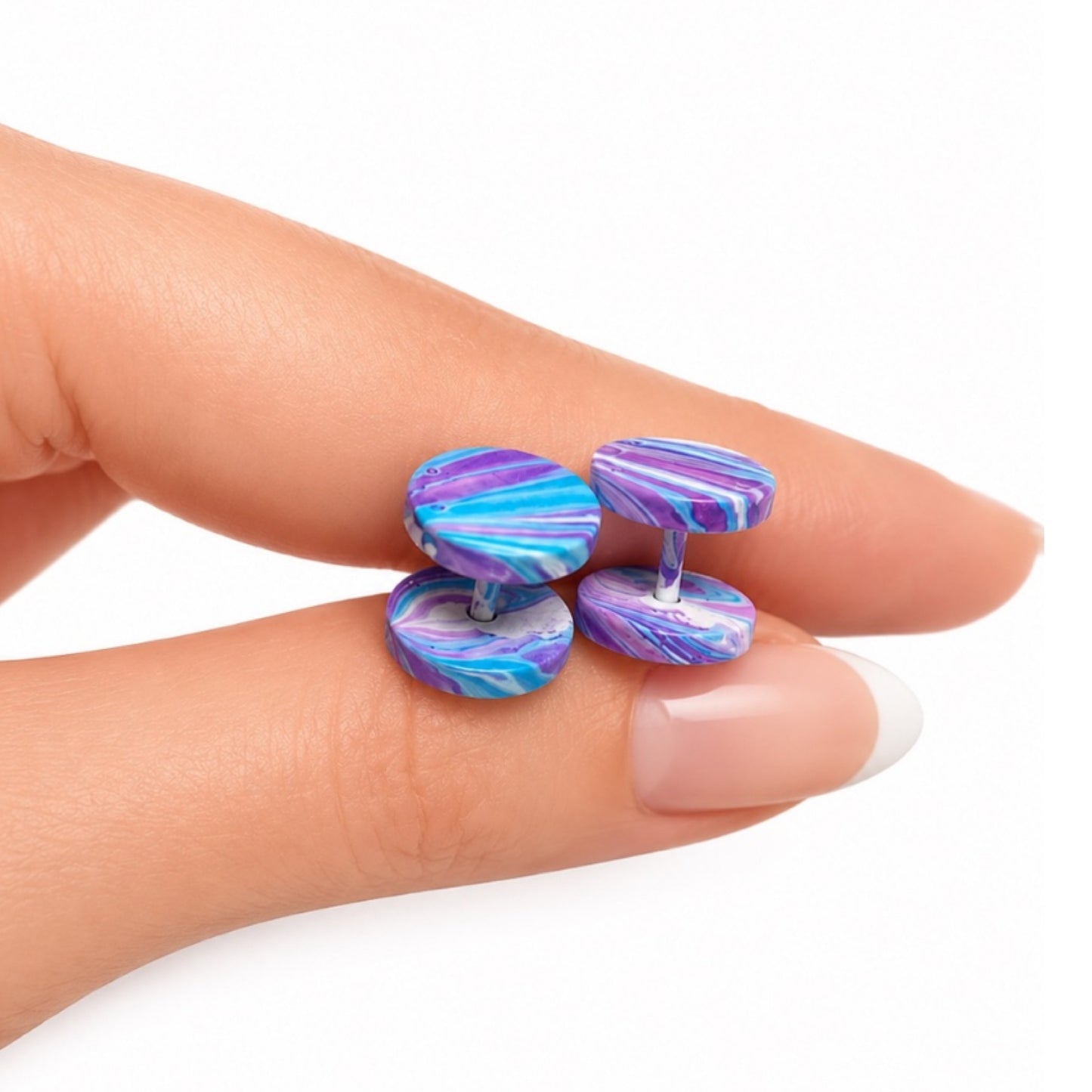 Blue Purple Marble Faux Gauge Fake Plug Earrings – 16G 10mm