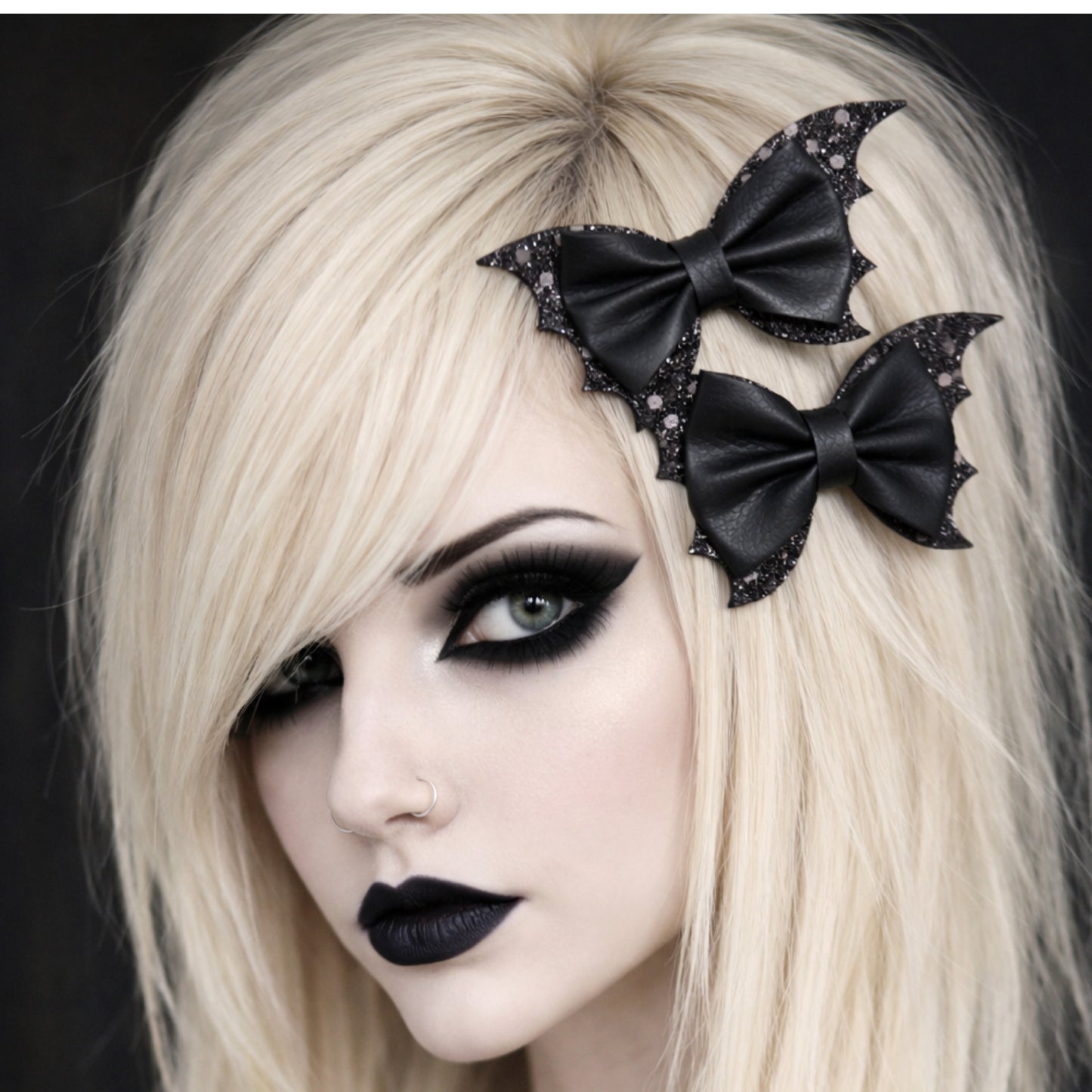 Gothic Black Batwing Bow Hair Clips – Glitter 2 Piece Set