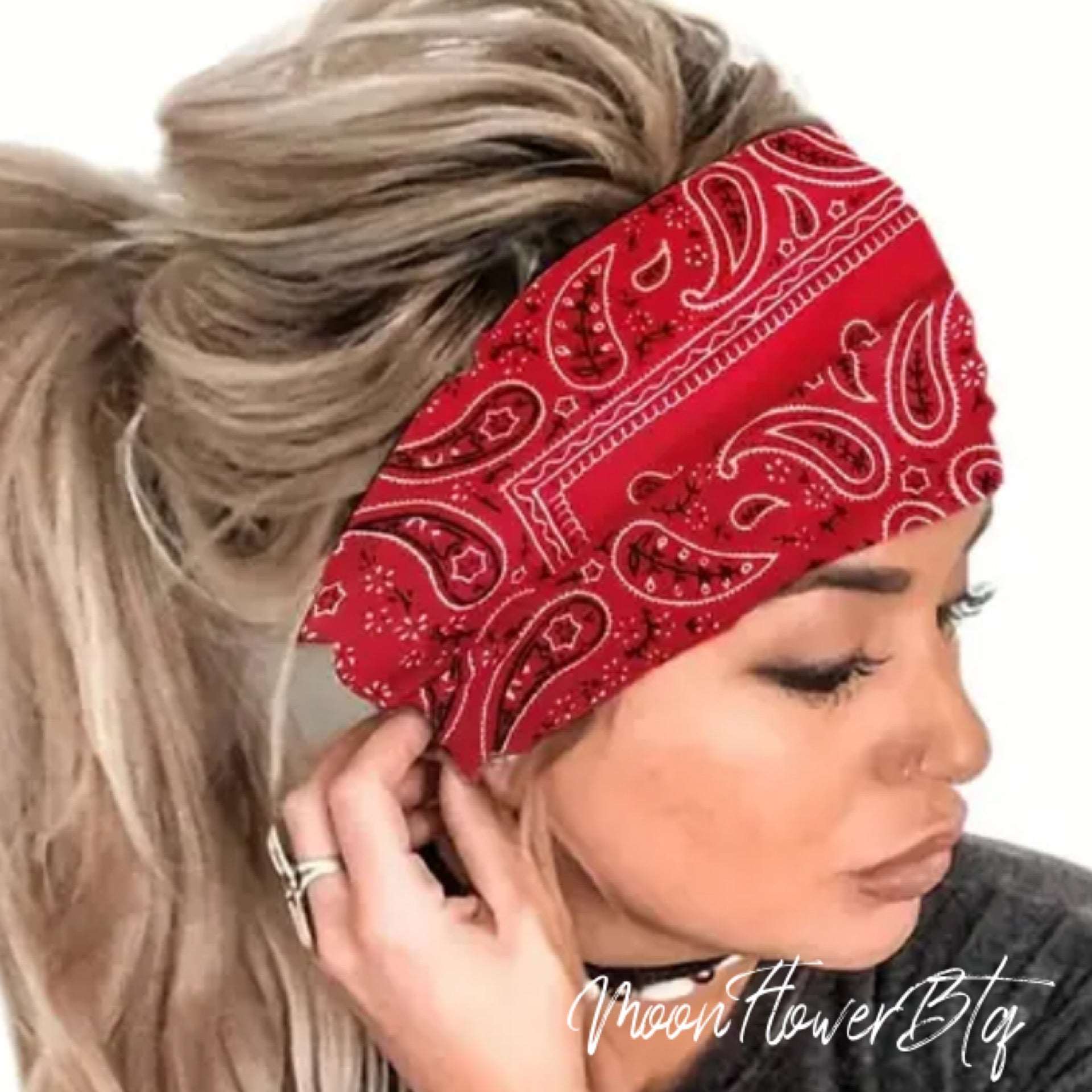 Red Paisley Bandana Print Turban Headband Ear Warmer