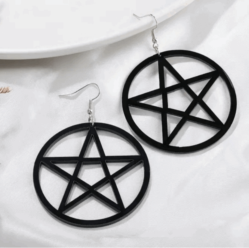 Black Dangly Pentagram Hoop Earrings