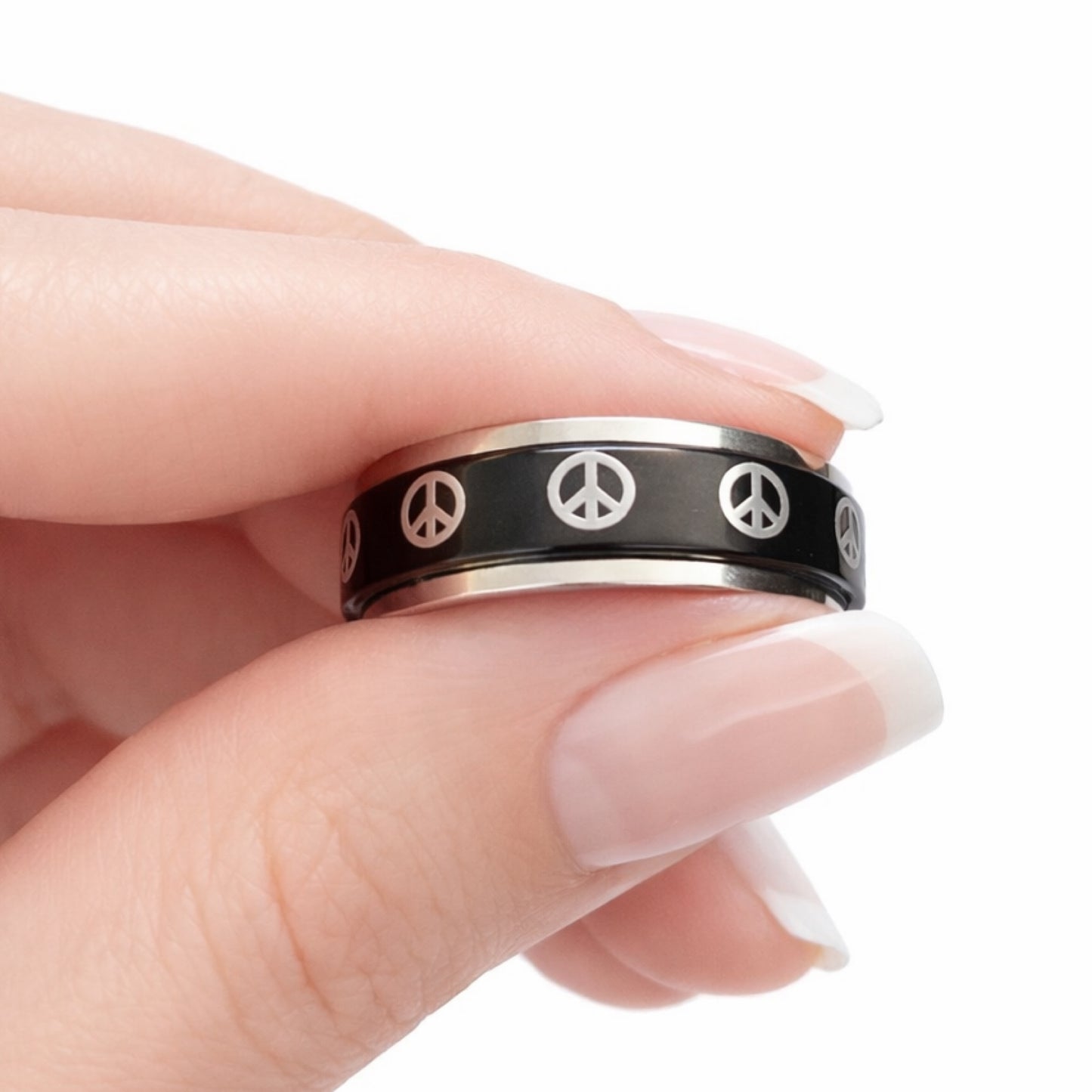 Black Stainless Steel Peace Sign Spinner Ring Fidget Band