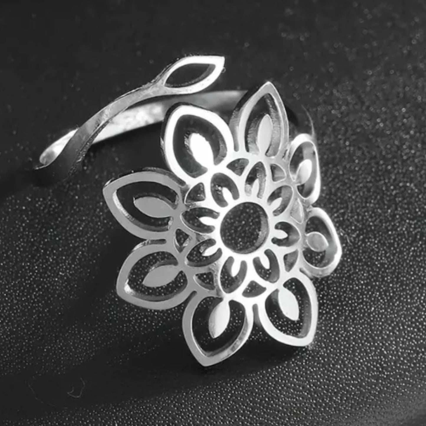 Silver Boho Mandala Flower Ring