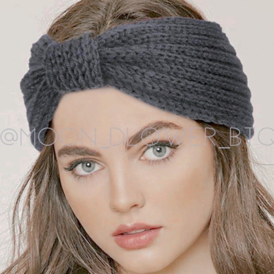 Vegan Knit Bow Headband Ear Warmer Blue