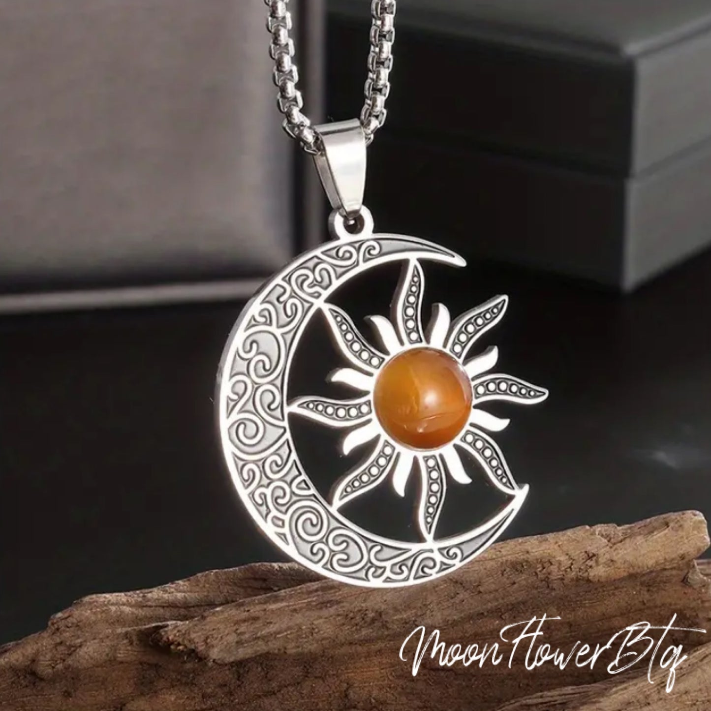 Silver Boho Moon Sun Pendant Necklace