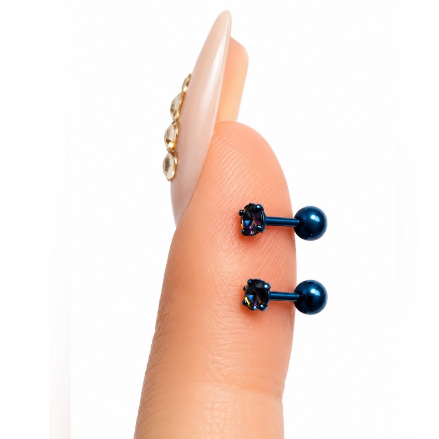 Blue Iridescent CZ Barbell Earrings – 20G Surgical Steel Studs | 3mm