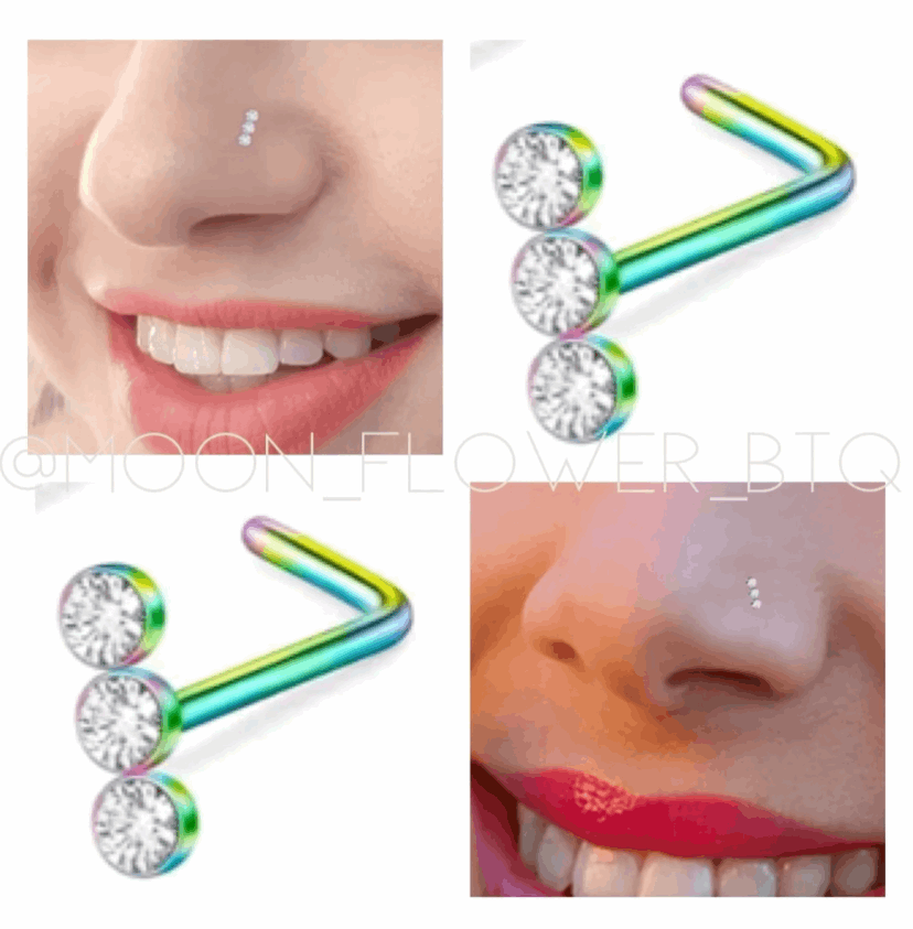 Triple CZ Rainbow L Shaped Nose Ring